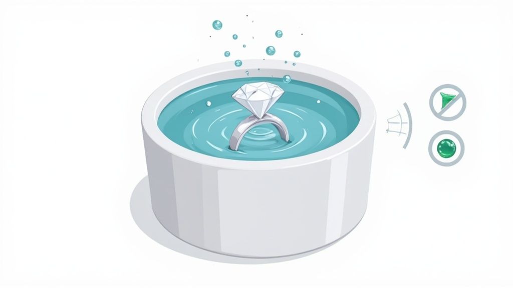 A sparkling diamond ring is being cleaned in an ultrasonic cleaner filled with bubbly blue water.