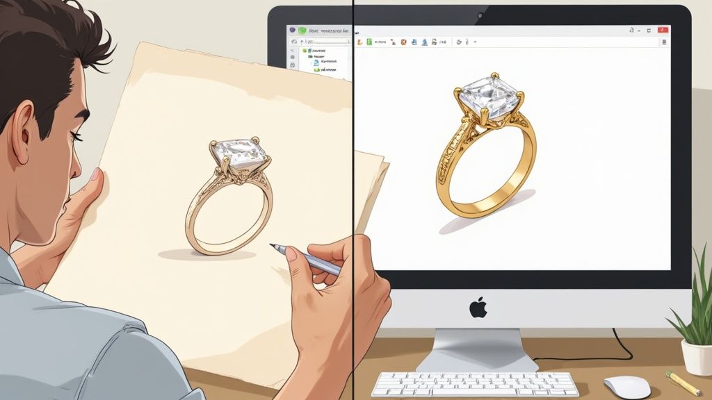 A person drawing a gold diamond ring on paper, contrasted with its digital 3D model on a computer screen.