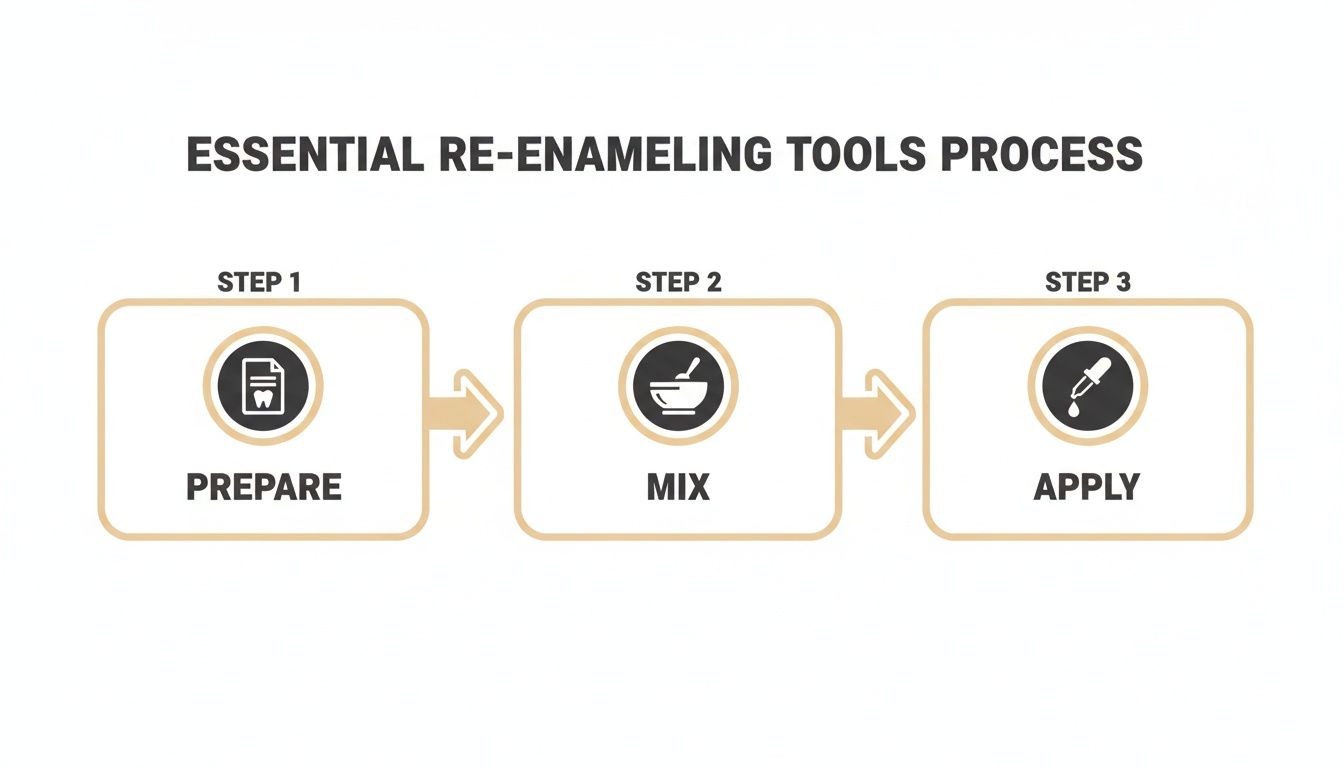 A three-step diagram illustrates the essential re-enameling tools process: prepare, mix, and apply.