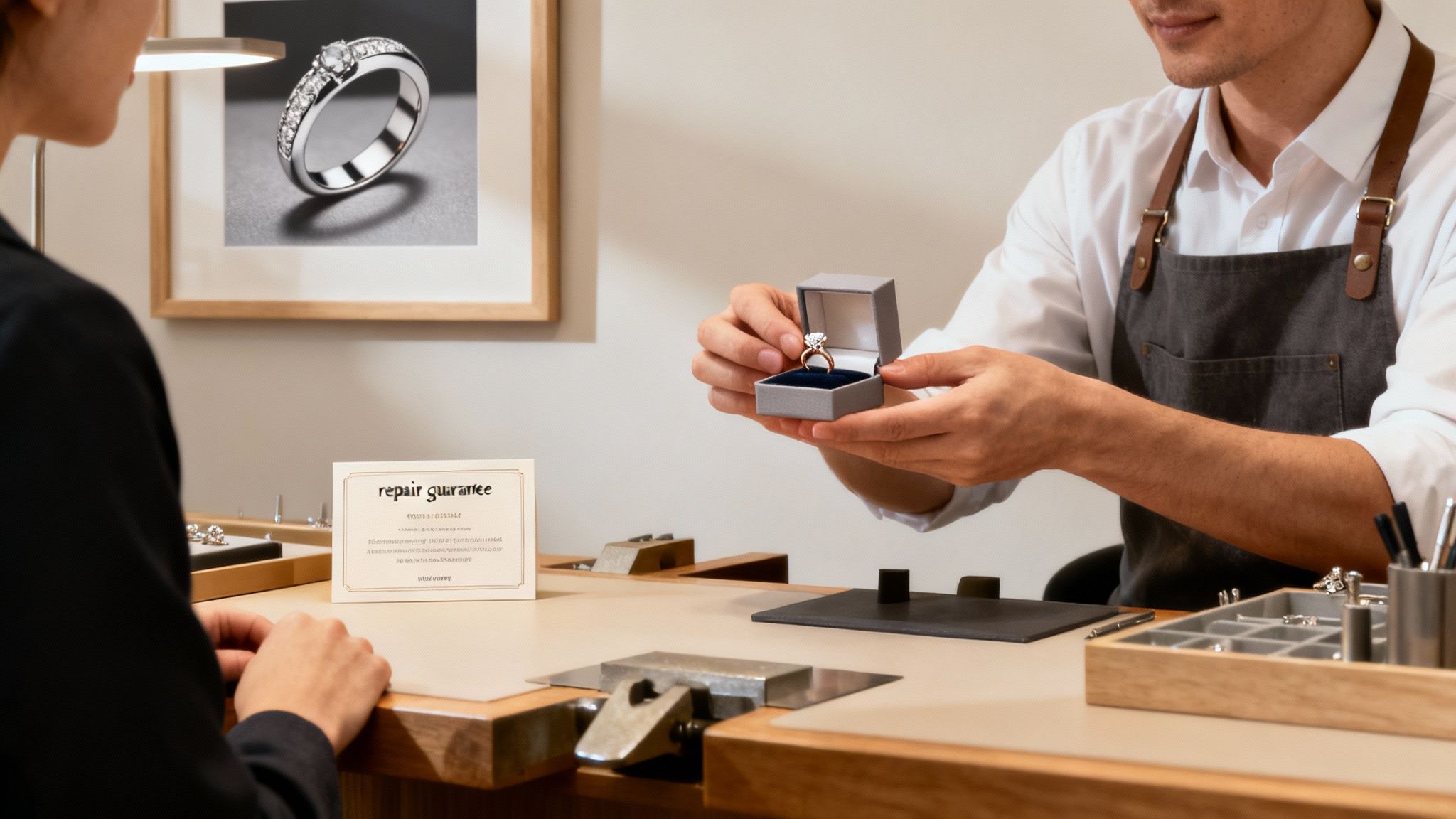 A close-up of a jeweller's hands carefully holding a newly rhodium-plated ring up to the light for inspection.