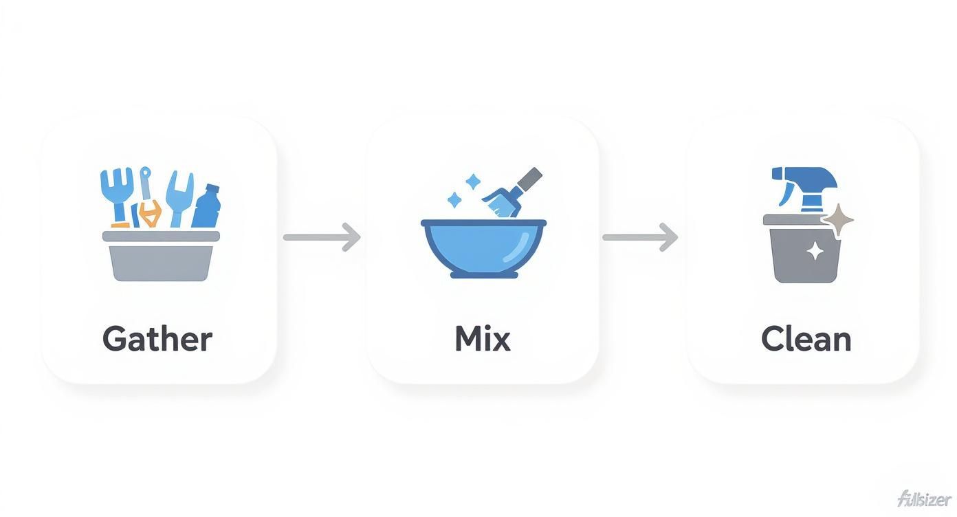 A three-step process diagram showing icons for gathering tools, mixing, and cleaning.