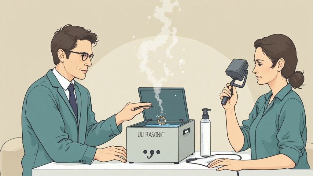 Two people meticulously clean and inspect a diamond ring using an ultrasonic cleaner and a handheld device.