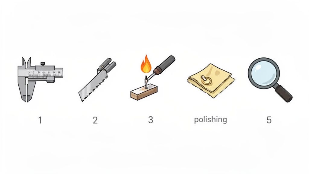 A step-by-step illustration showing tools for jewelry work, including measuring, sawing, soldering, polishing, and inspecting a ring.