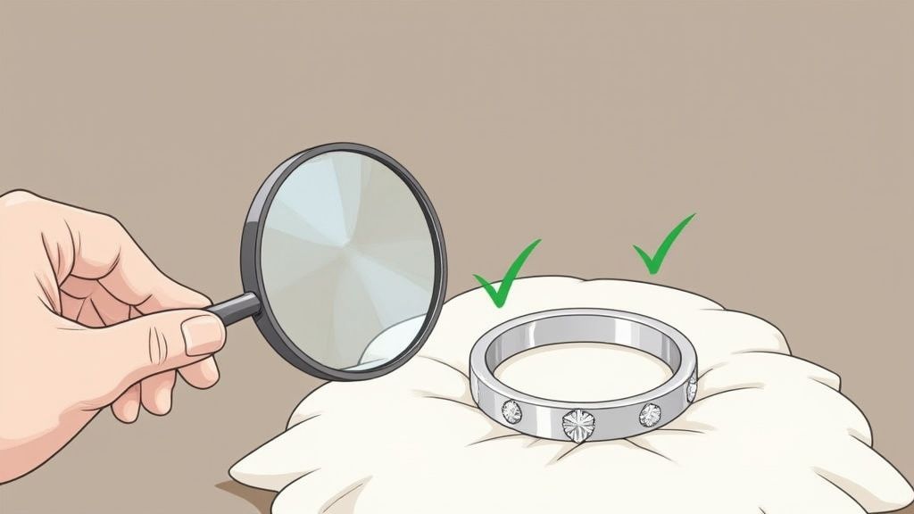 A hand uses a magnifying glass to closely examine a diamond-studded ring on a white cushion.