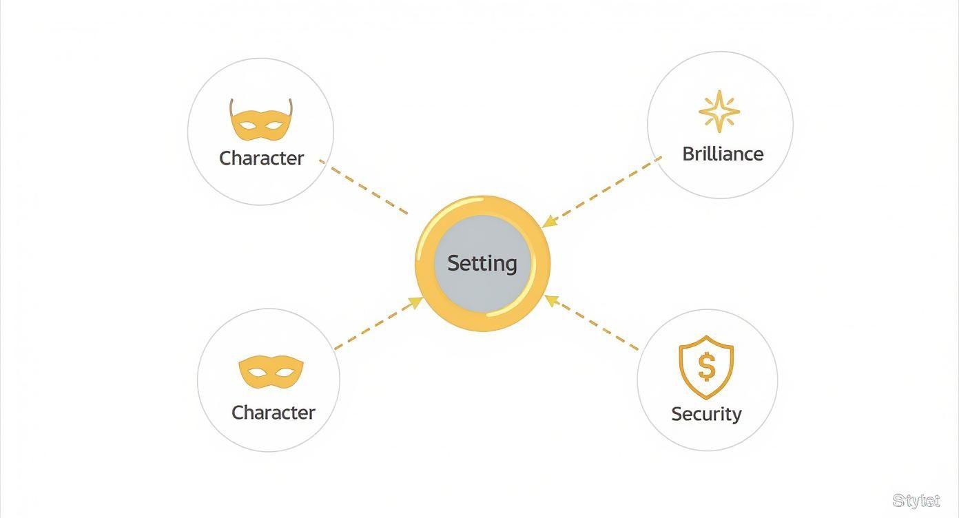 Diagram showing diamond setting surrounded by four key factors: character, brilliance, security, and character elements