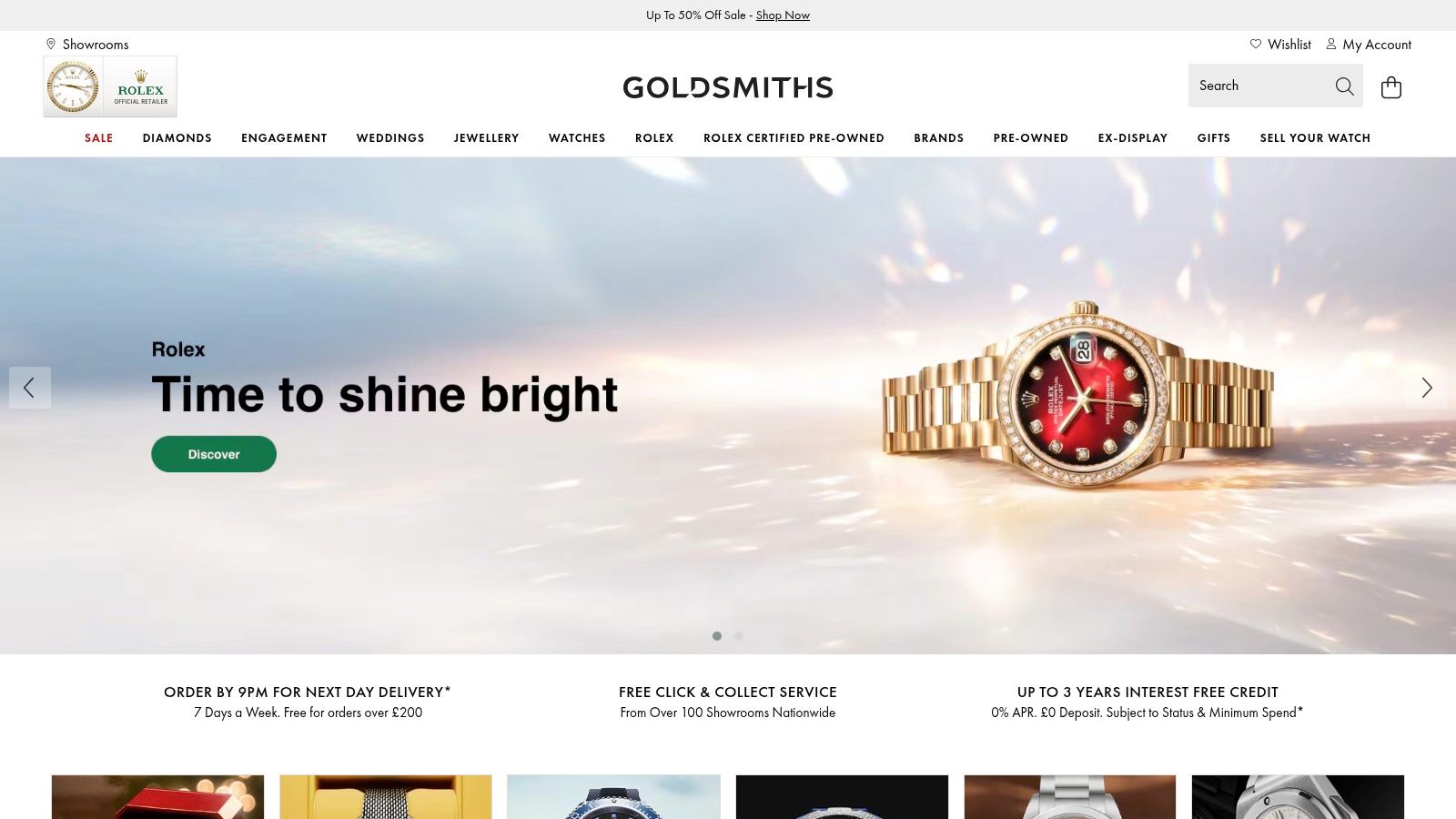 A display case at a Goldsmiths store, showcasing a range of luxury watches and fine jewellery.