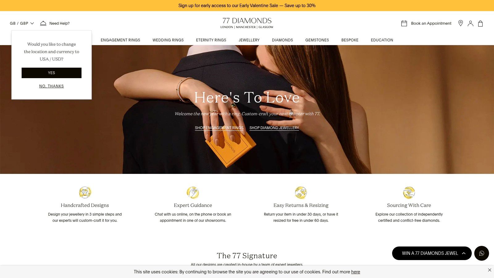 A collection of diamond engagement rings, showcasing various styles and cuts, highlighting the wide selection available at 77 Diamonds.