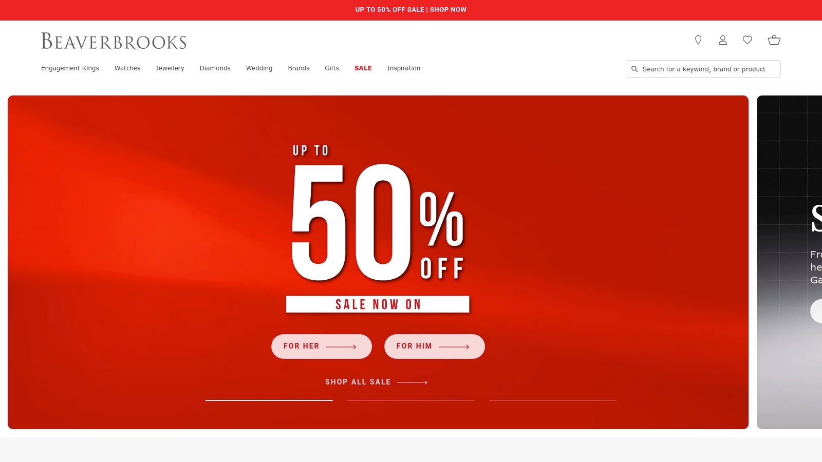 The Beaverbrooks website homepage showcasing a sale on engagement rings, highlighting its retail-focused approach.