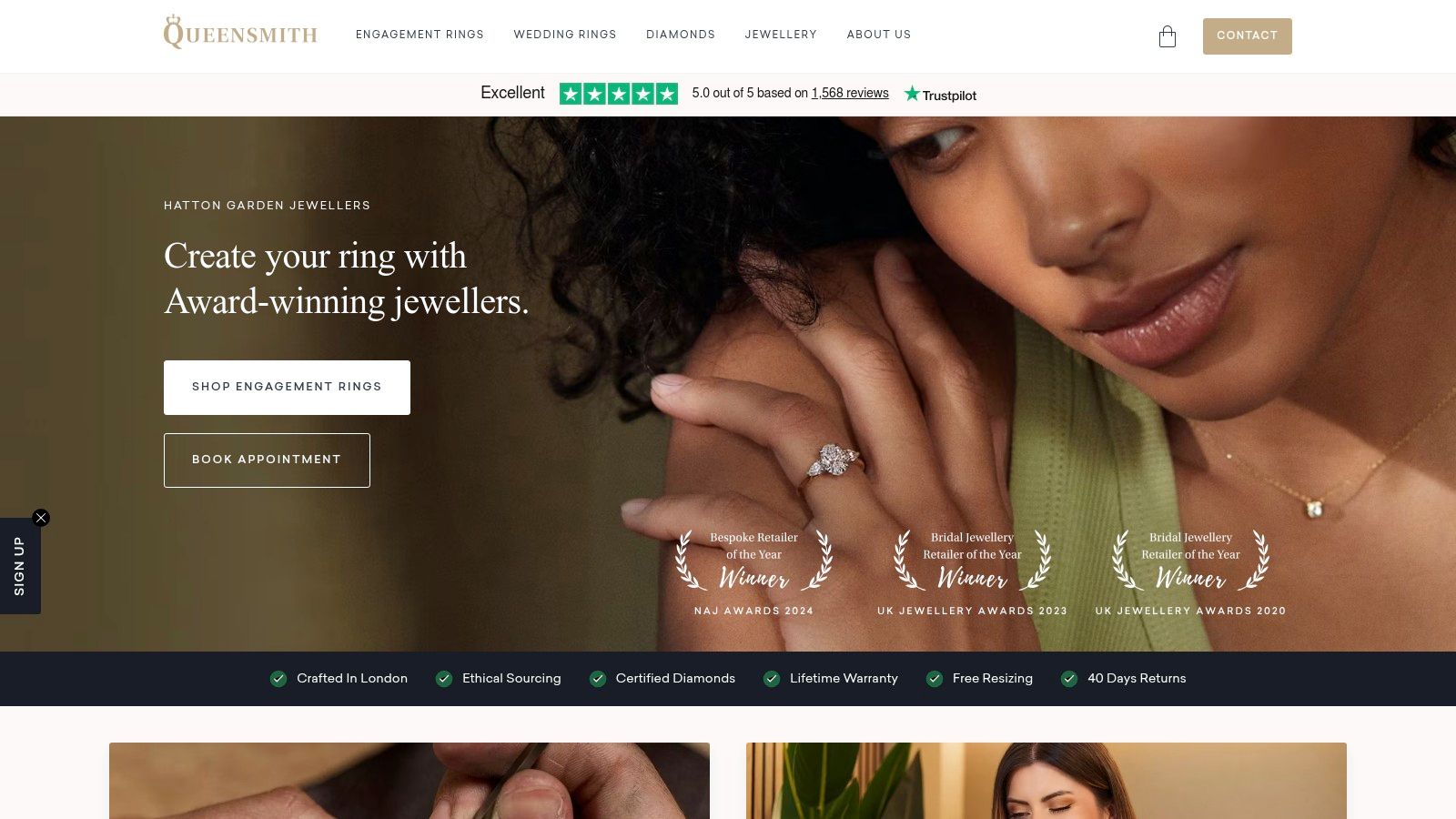 A classic solitaire engagement ring from Queensmith, showcasing its craftsmanship and design elegance.