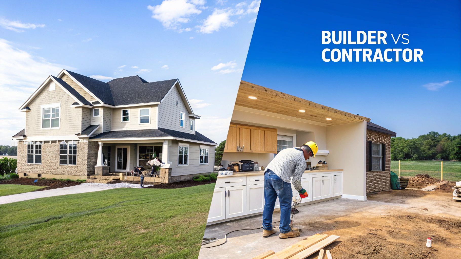 Split image illustrating the difference between a completed house by a builder and a contractor working on site.