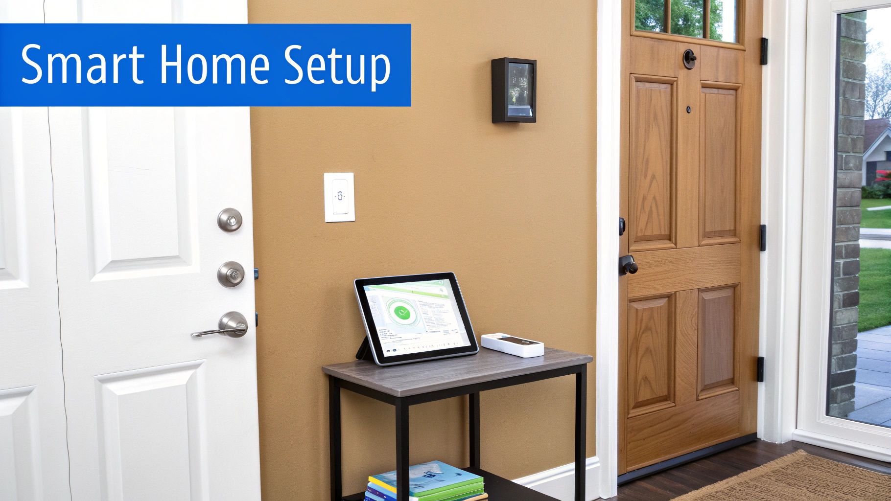 A modern home entryway featuring various smart home devices, including a tablet, switch, and display, on a small table.