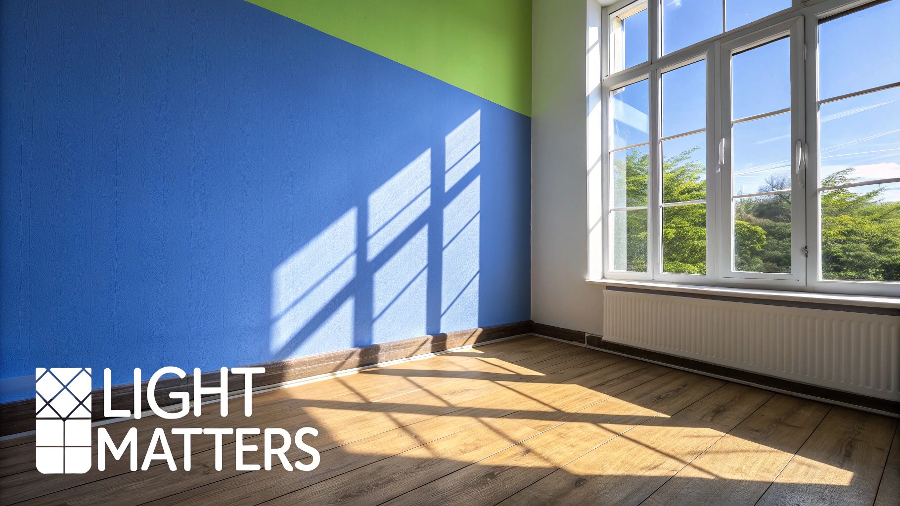 A empty room in a house with large windows and sunlight coming into the room, one wall is painted blue and green with brown wood floors and words on the image that say light matters.