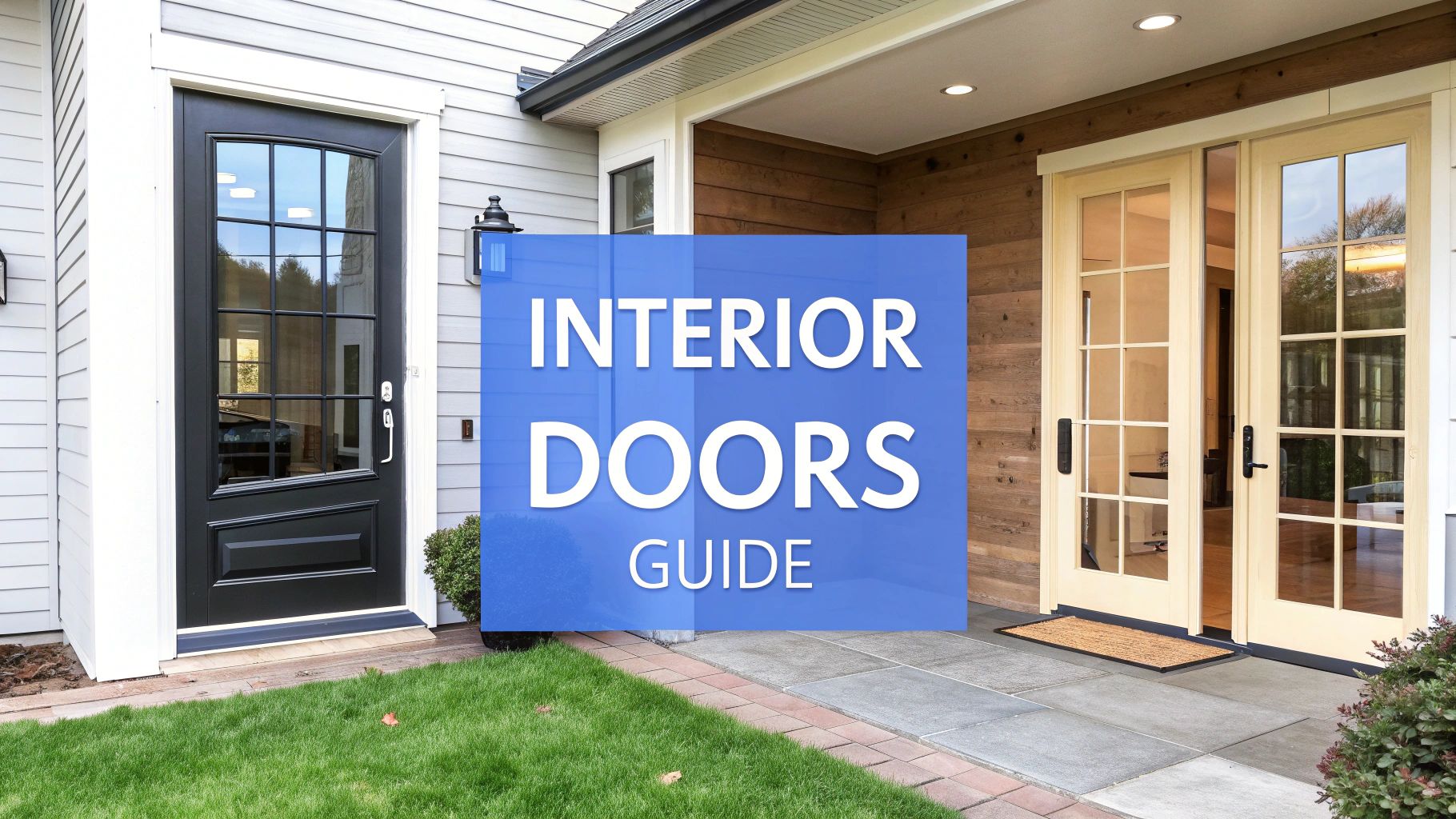 A picture of a house and doors on the home with words on the image that say interior doors guide.