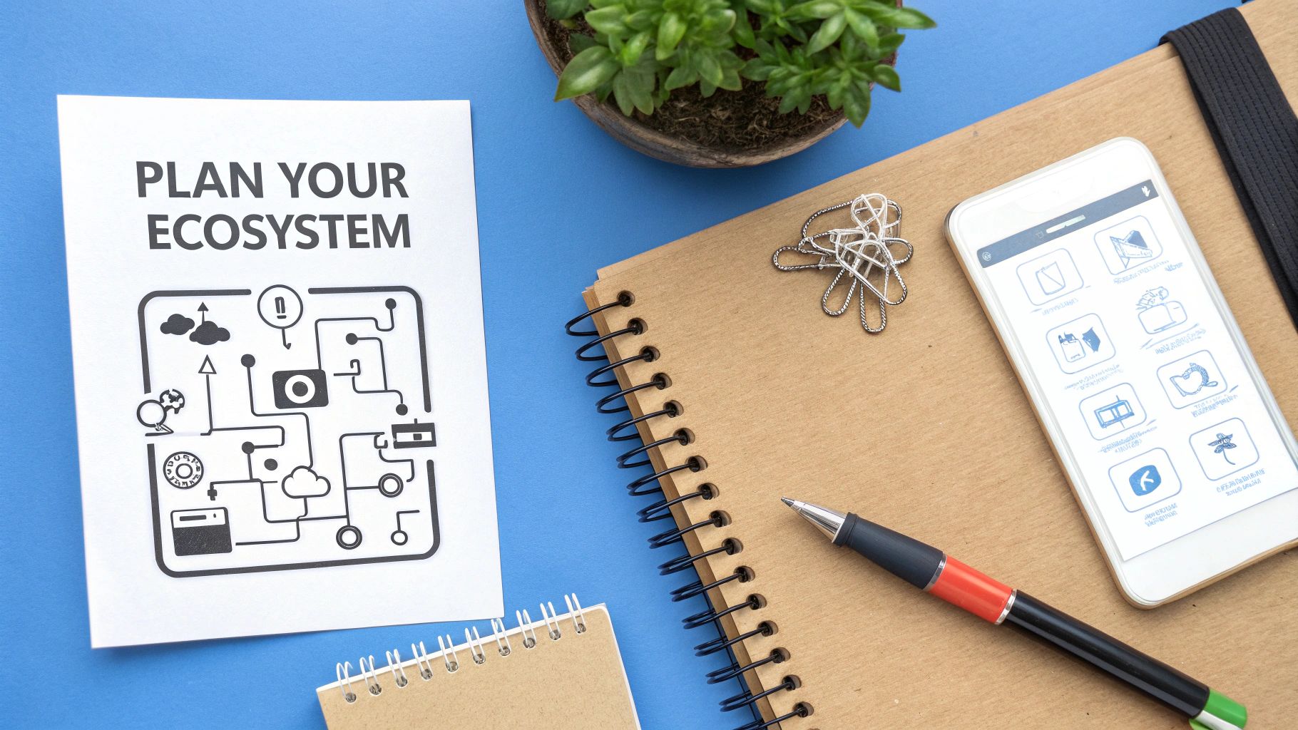 A smart phone laying on top of a paper notebook next to a pen, small green plant in a pot, a piece of white paper that has a smart home layout drawn on it and words that say plan your ecosystem on top of a blue table.