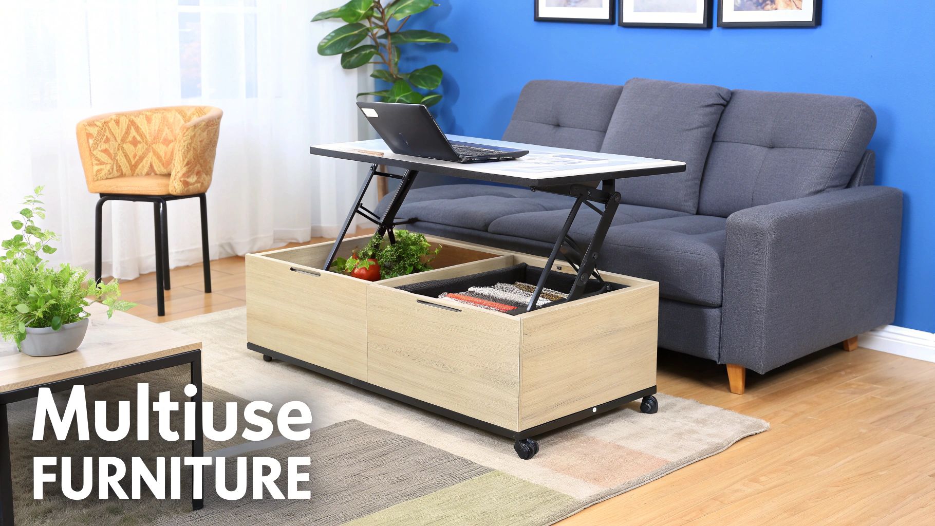 Stylish living room featuring a modular sofa and a storage ottoman, showcasing multifunctional furniture.