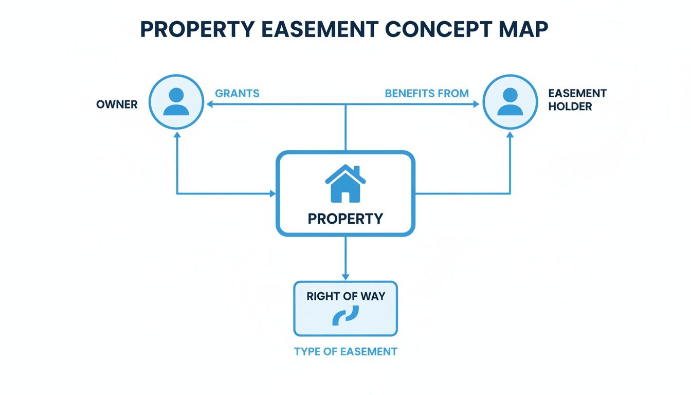 A concept map illustrating property easement, showing the relationship between owner, property, easement holder, and a type of easement like right of way.