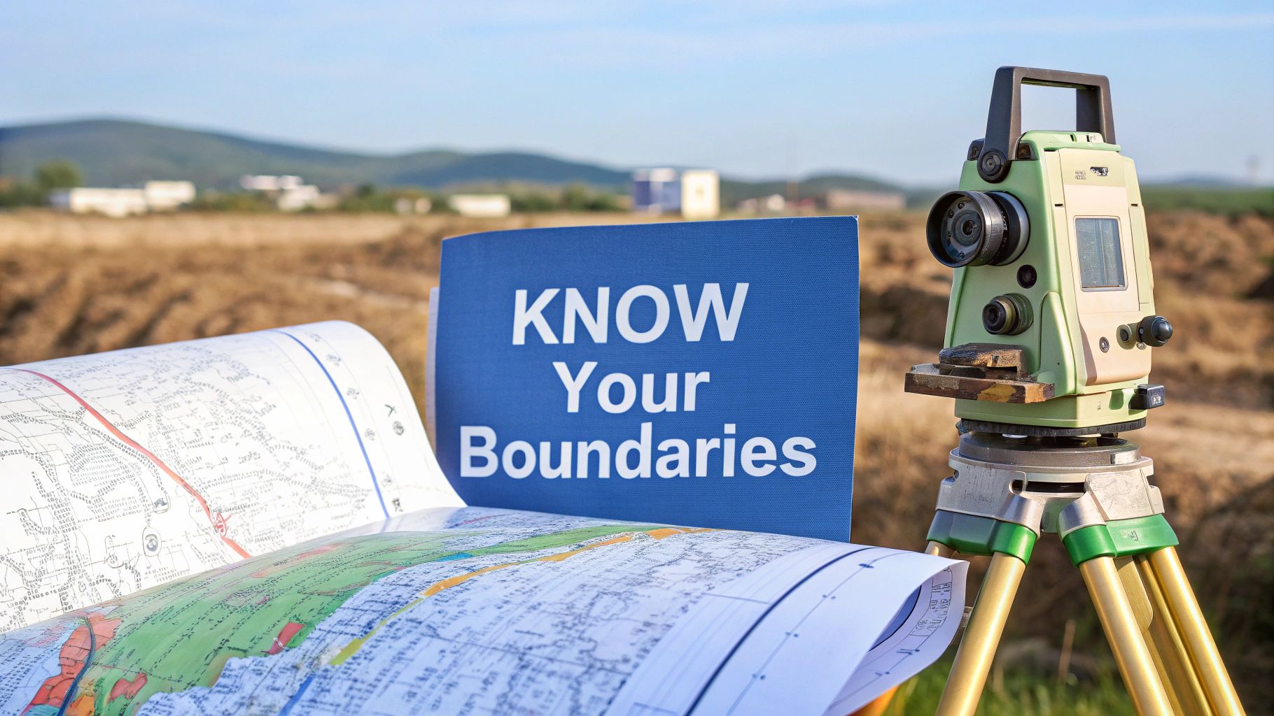 Survey equipment outside next to a land map on a sunny day.