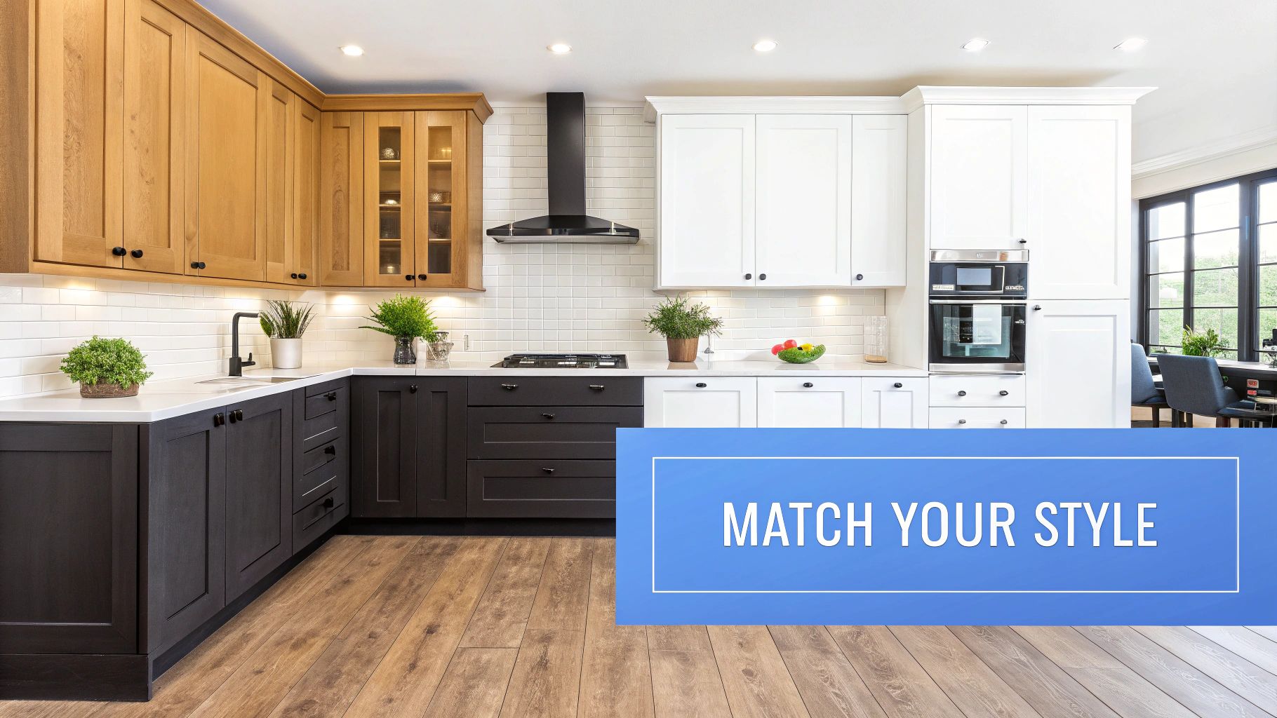 A stylish modern kitchen featuring light wood, dark gray, and white cabinets with a range hood and oven.