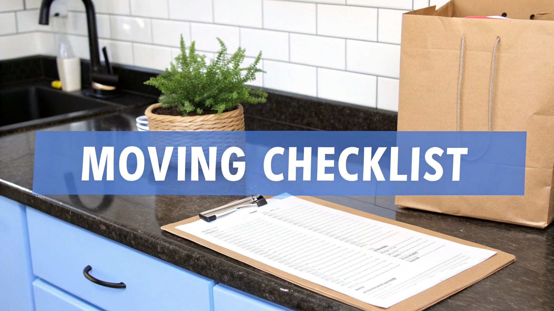 A kitchen counter with a prominent 'MOVING CHECKLIST' banner, a plant, a clipboard, and a paper bag.