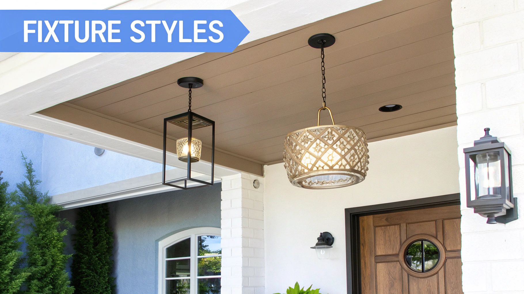 Various modern exterior lighting fixtures, including pendant lights and wall lanterns, on a home's porch.