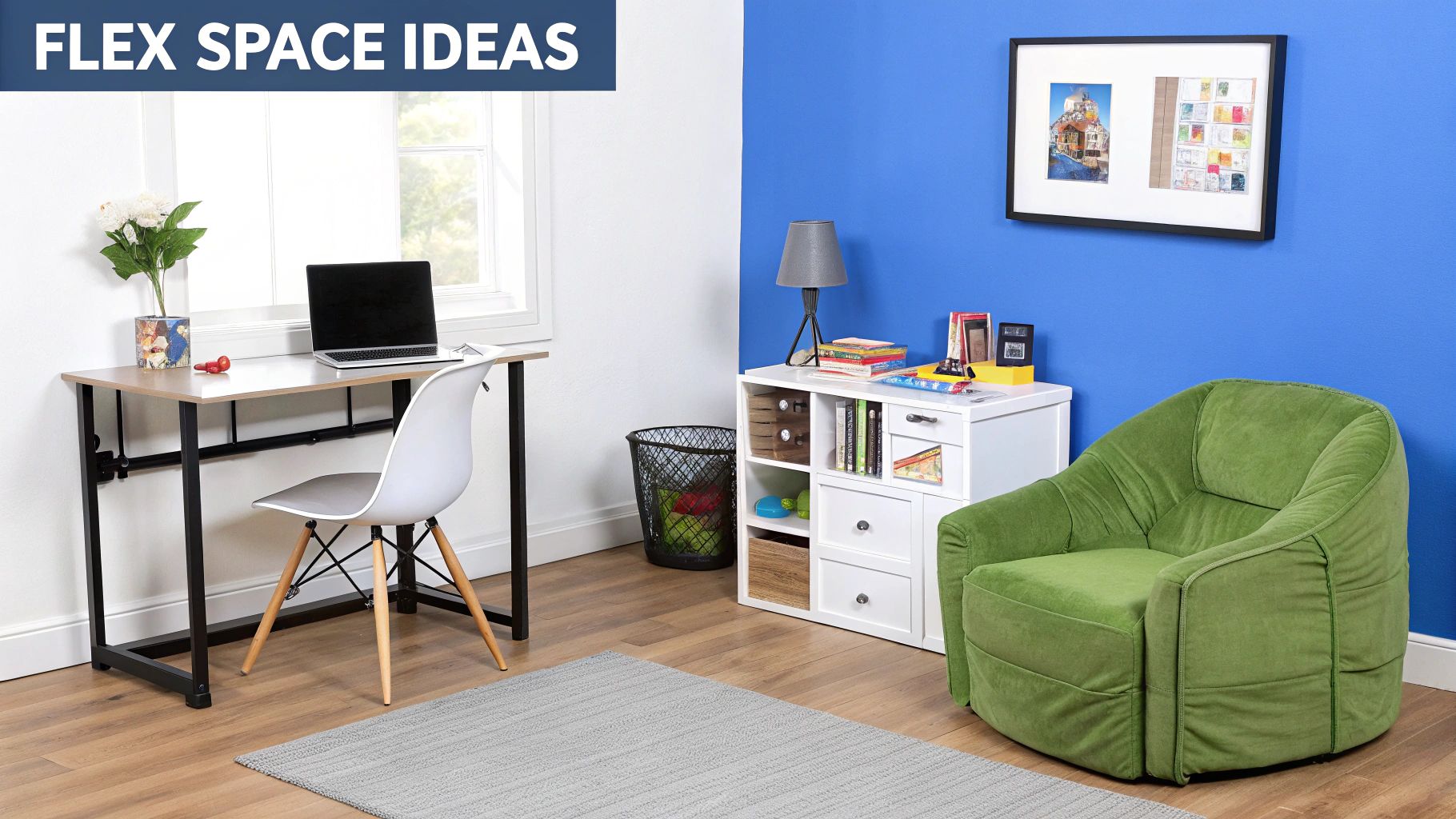 A bright flex space featuring a desk with a laptop, white chair, and a cozy green armchair.