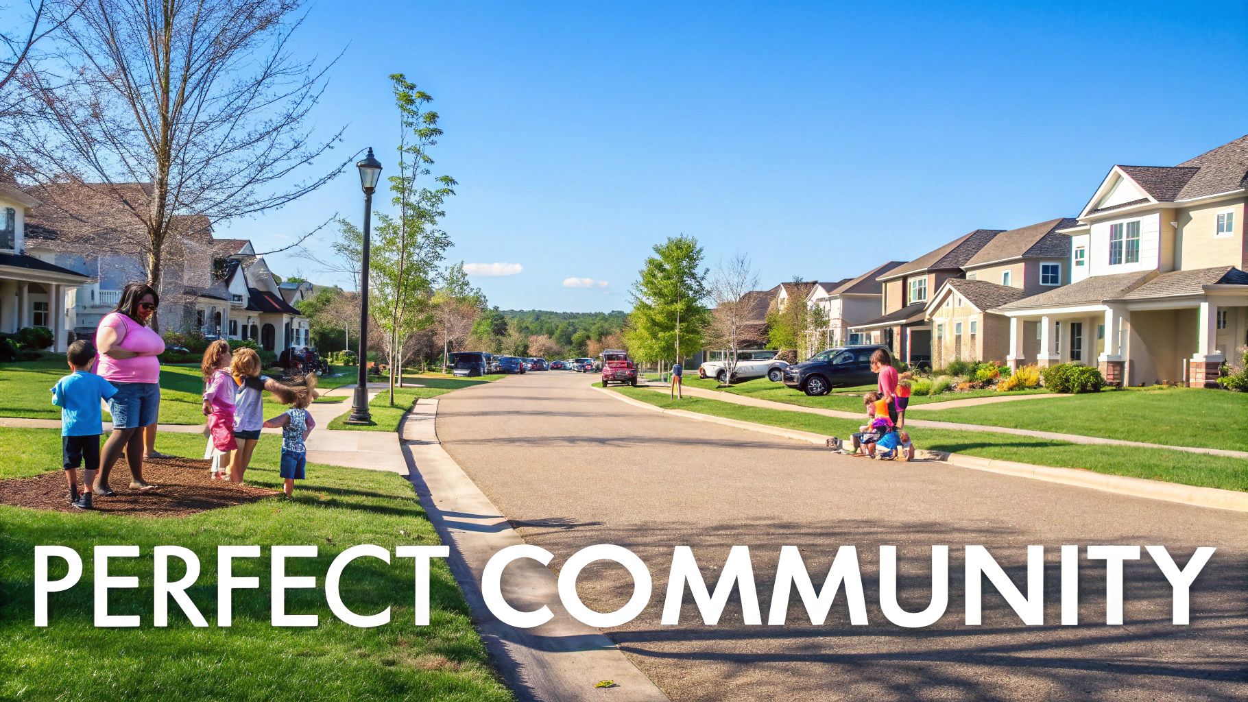 Outside on a sunny day in a suburban housing community with families playing on the side of the street in front of homes.