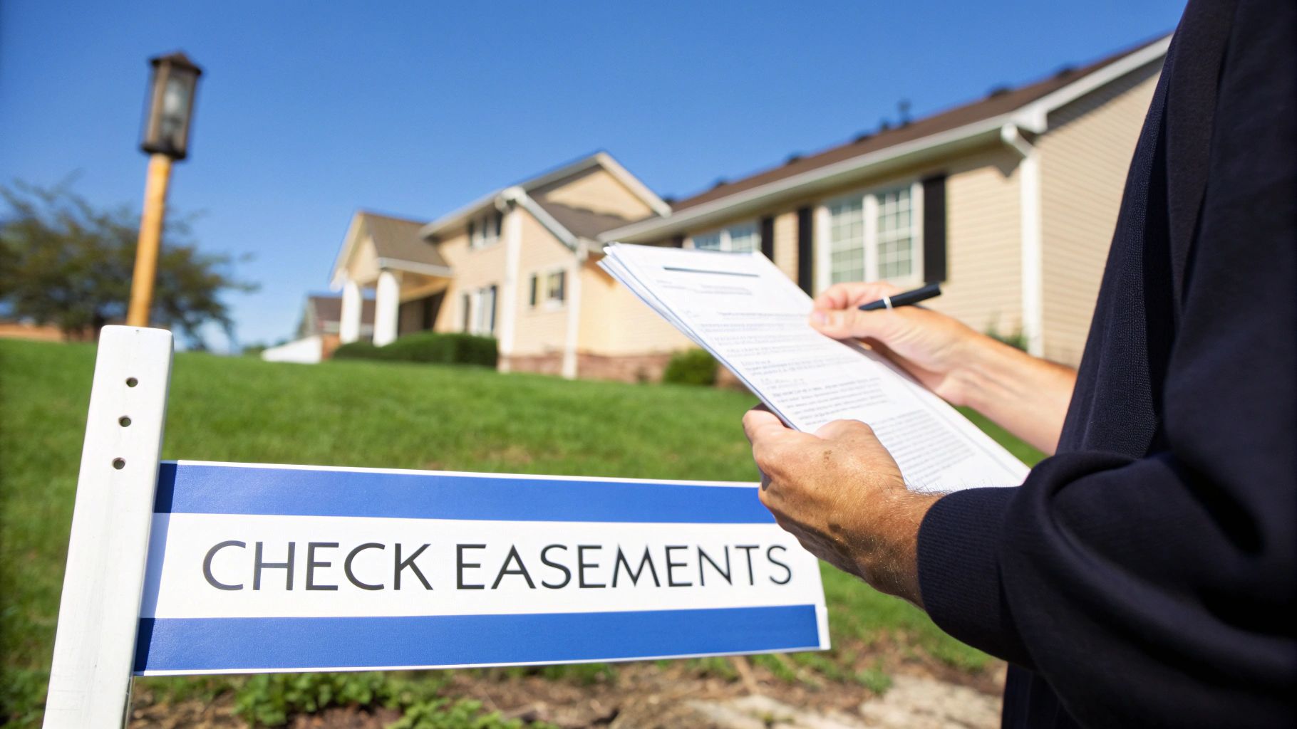 A person holds papers and a pen, with a 'CHECK EASEMENTS' sign and houses nearby.