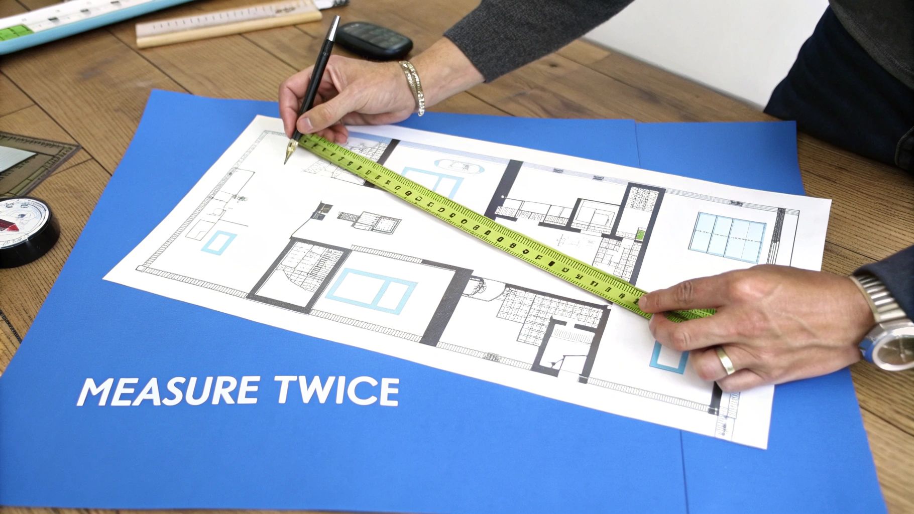 A person's hands measure a detailed floor plan blueprint with a tape measure and pencil.