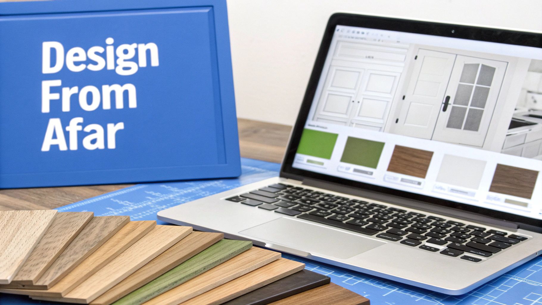 Laptop displaying kitchen design software with material samples and a 'Design From Afar' sign.