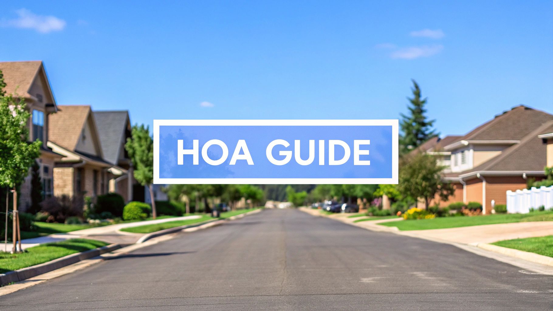 A street in a single family home community on a sunny day with words on the image that say HOA Guide.