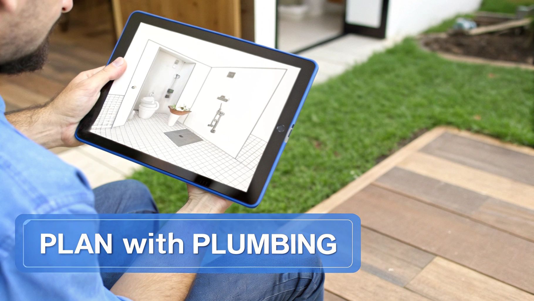 A person holds a tablet displaying a 3D bathroom plan with plumbing fixtures.