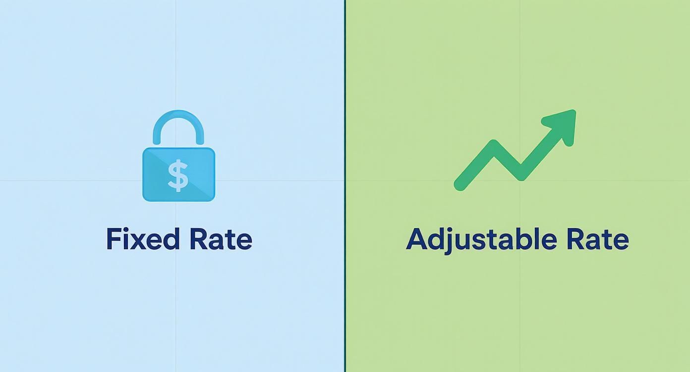 A visual comparison of fixed rate with a lock and adjustable rate with an upward trending arrow.