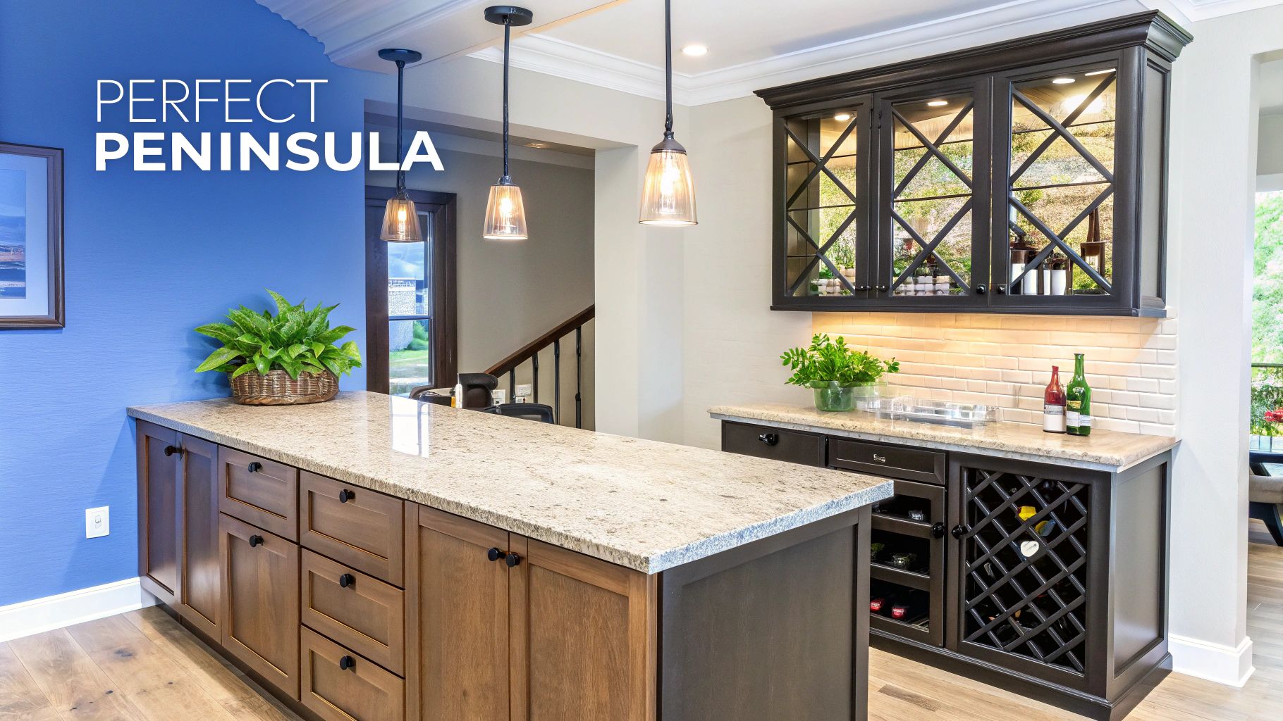 A bright kitchen features a large granite-top peninsula, dark wood cabinets, and a blue accent wall.