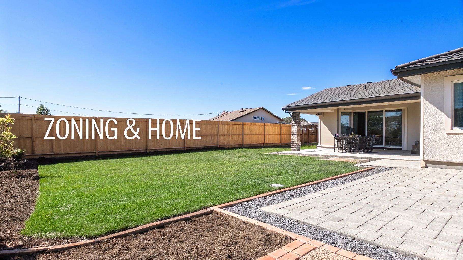 A sunny backyard with green lawn, wooden fence, and a house patio. The text 'ZONING &amp; HOME' is overlaid.
