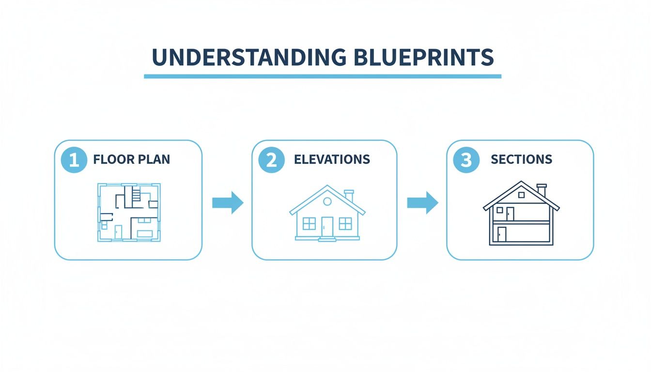 Diagram illustrating how to understand blueprints, showing floor plans, elevations, and sections of a house.