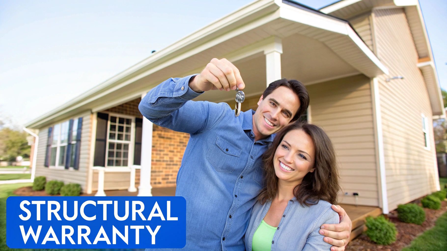 Happy couple holding house keys in front of their new home with structural warranty coverage