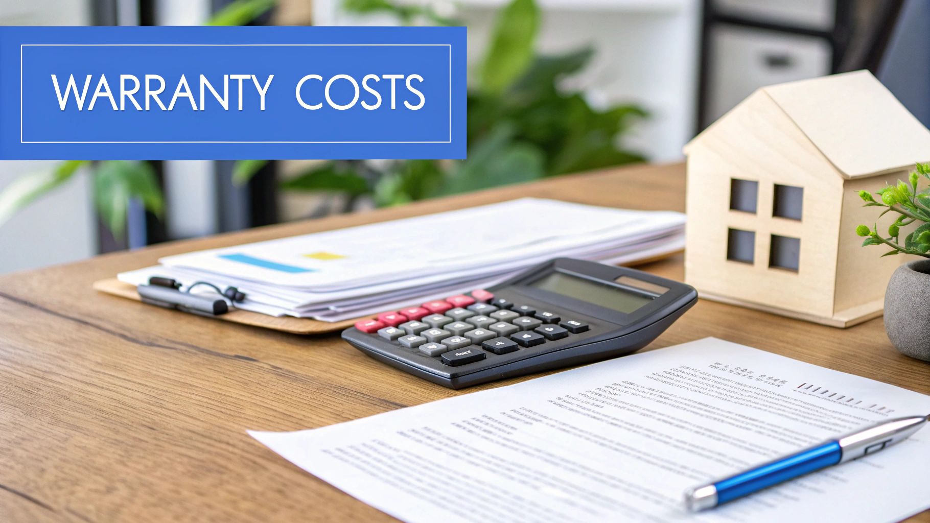 A white piece of paper on a brown wooden desk with a pen on top of it, next to a calculator, a clipboard with a bunch of papers and a small wooden model house.