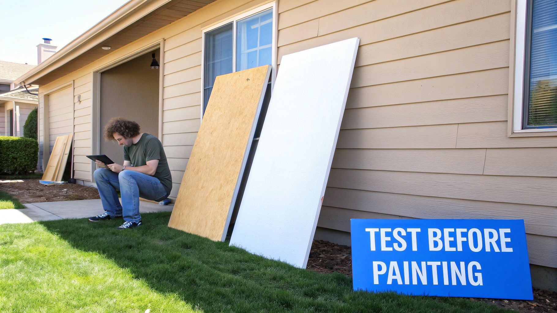 A man sits on a porch, looking at a tablet, with paint sample boards and a "Test Before Painting" sign nearby.