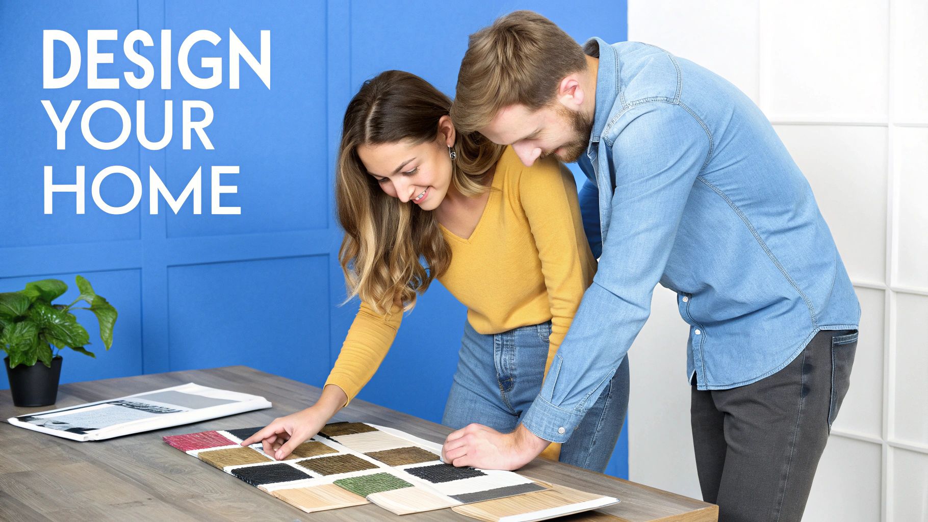 A smiling couple selects different material samples for designing their home interior.