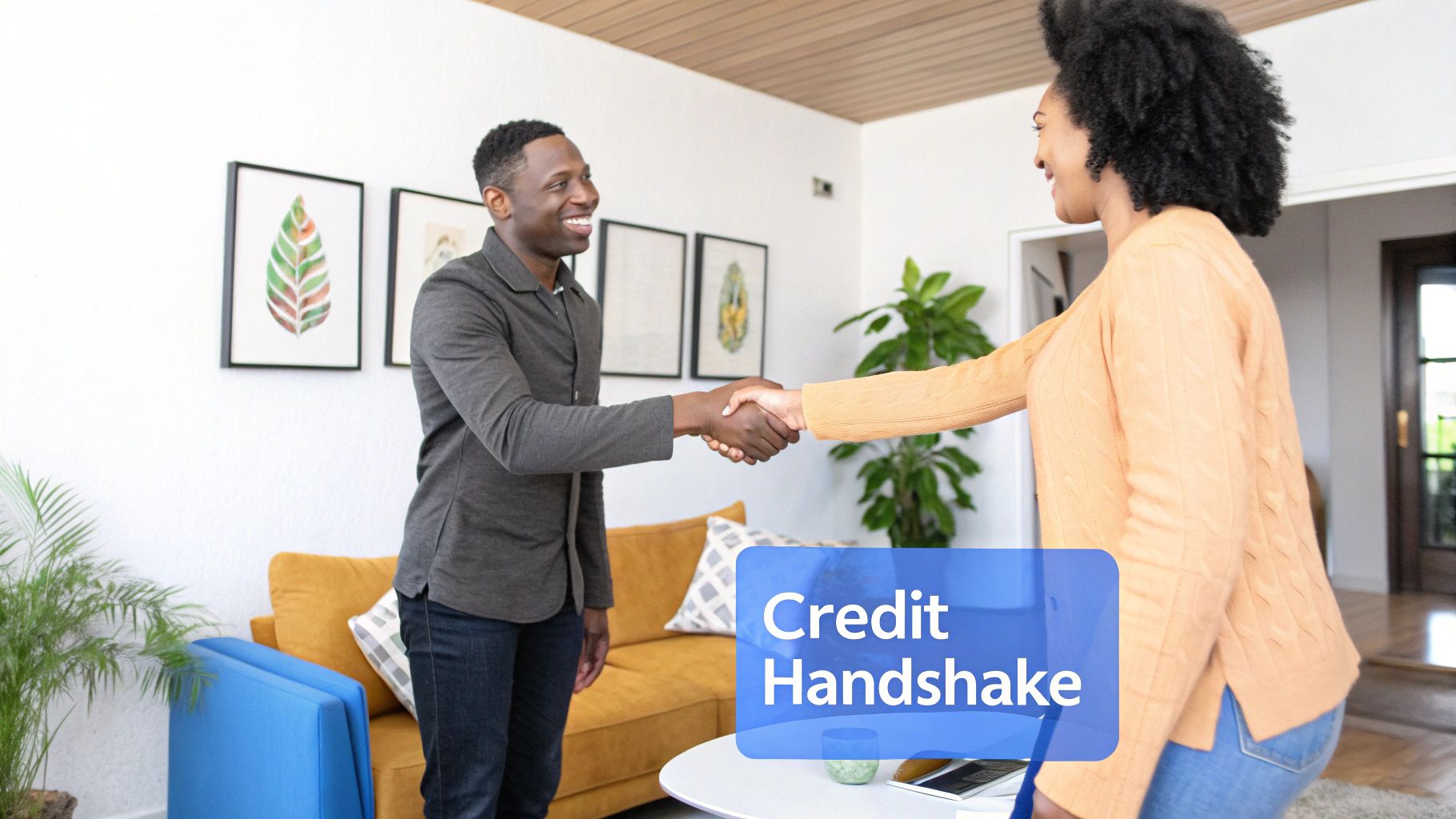 Two people shaking hands in a room of a home that has a couch and white walls with pictures hanging on the wall and two large plants.