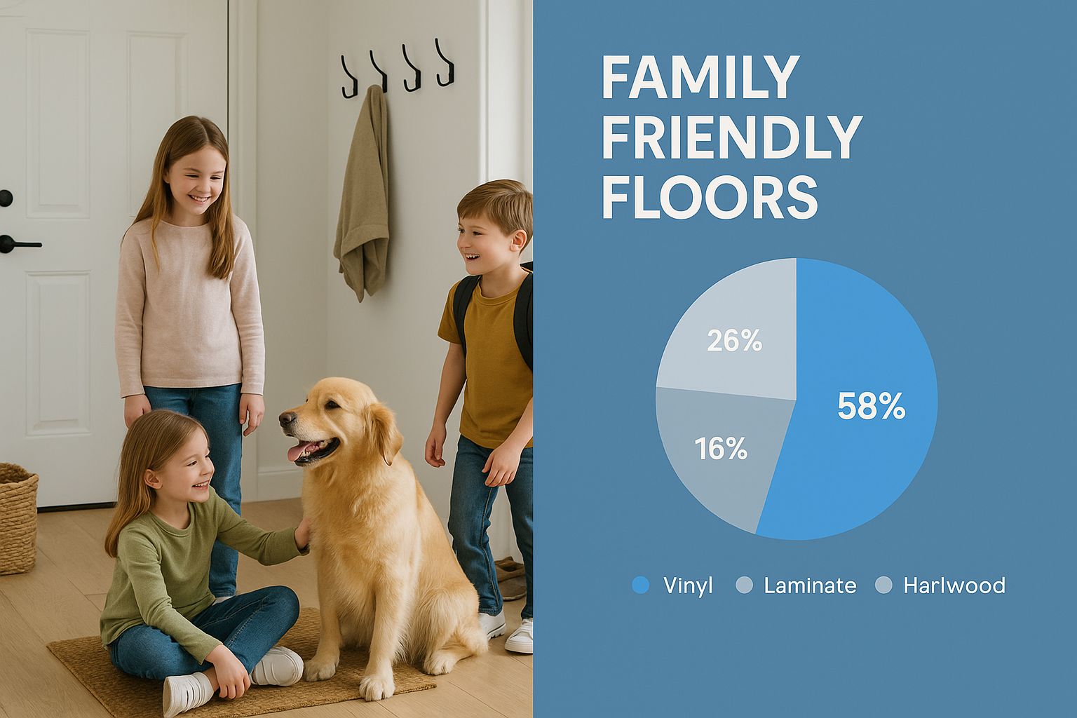 Three kids on a foyer of a home with a golden retriever standing on a rug that is on top of light colored wood floors.