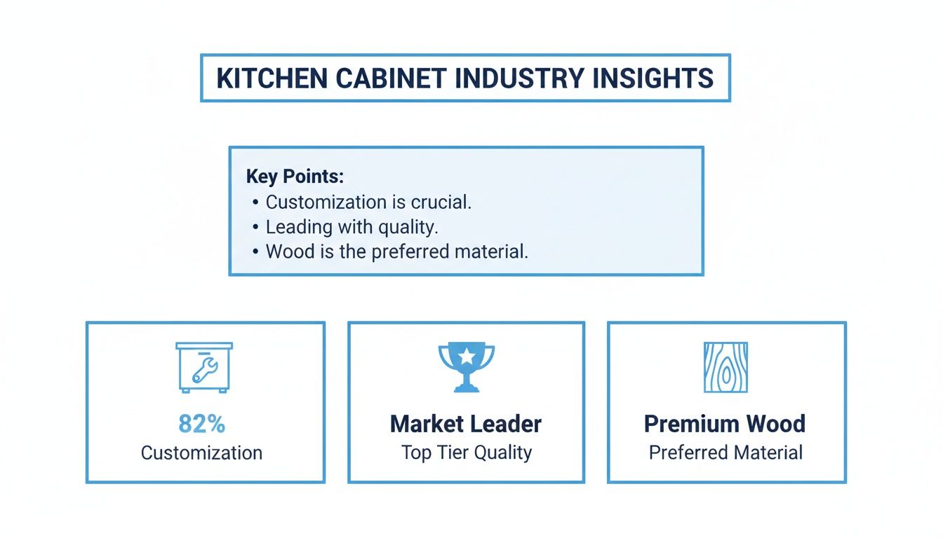 Infographic showing key insights into the kitchen cabinet industry, highlighting customization, quality, and preferred materials.