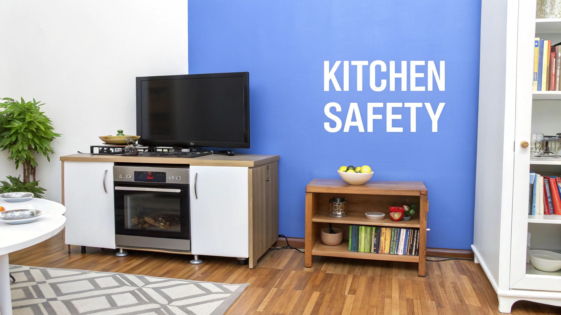 A room with a blue wall displaying 'KITCHEN SAFETY' text, featuring an oven, TV, and shelving.