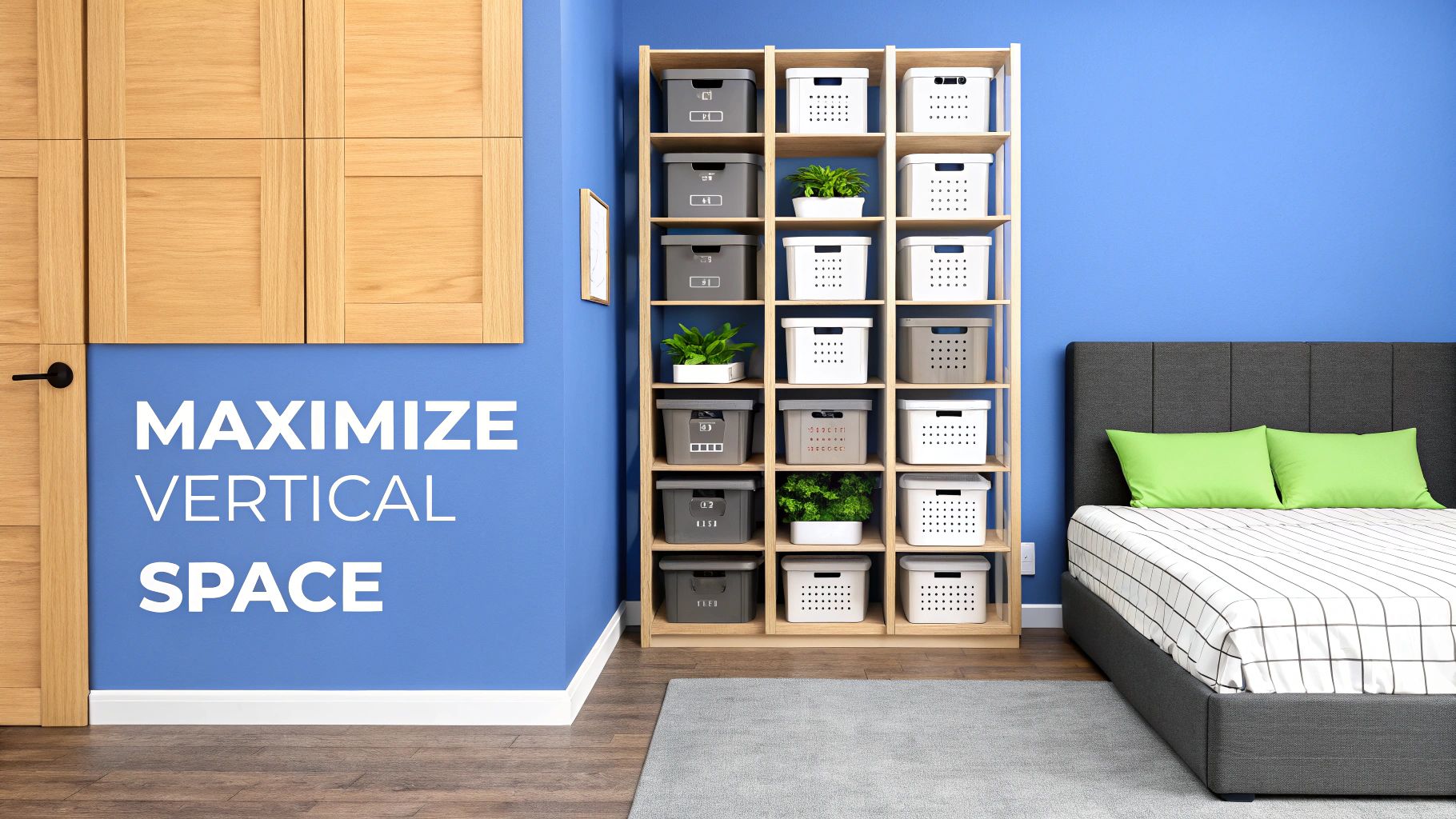 Bedroom with blue walls, a bed, and a tall shelf organizing various storage boxes to maximize vertical space.