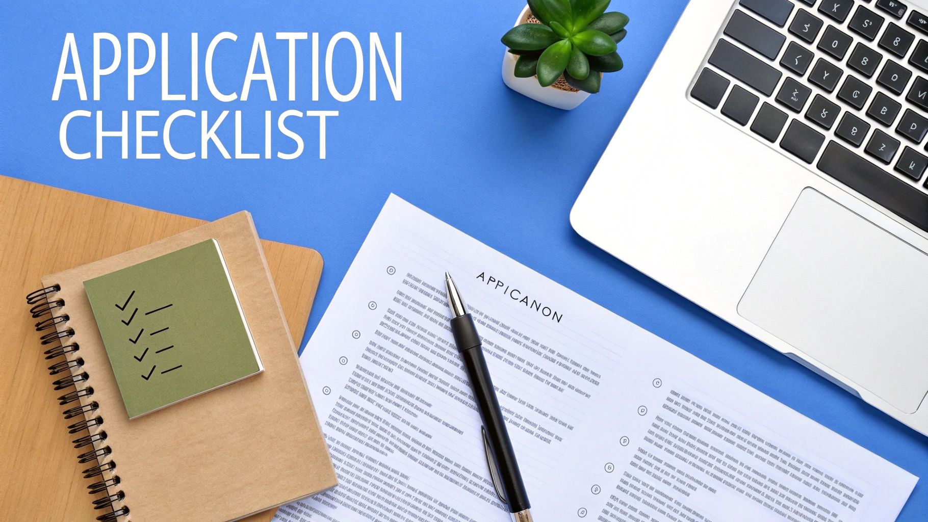 Overhead view of an application checklist with a laptop, notebooks, and an application form.