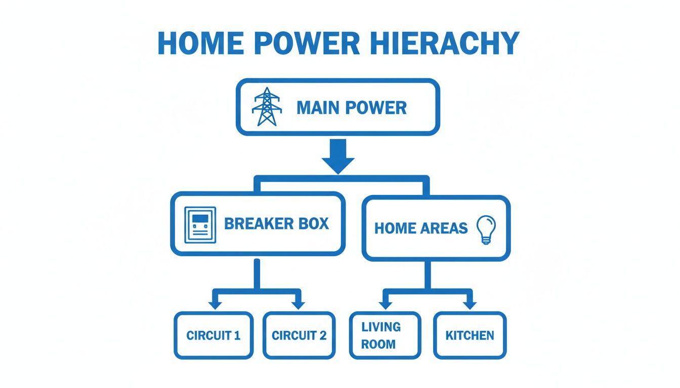 A diagram illustrating the home power hierarchy, showing main power flowing to the breaker box and various home areas.