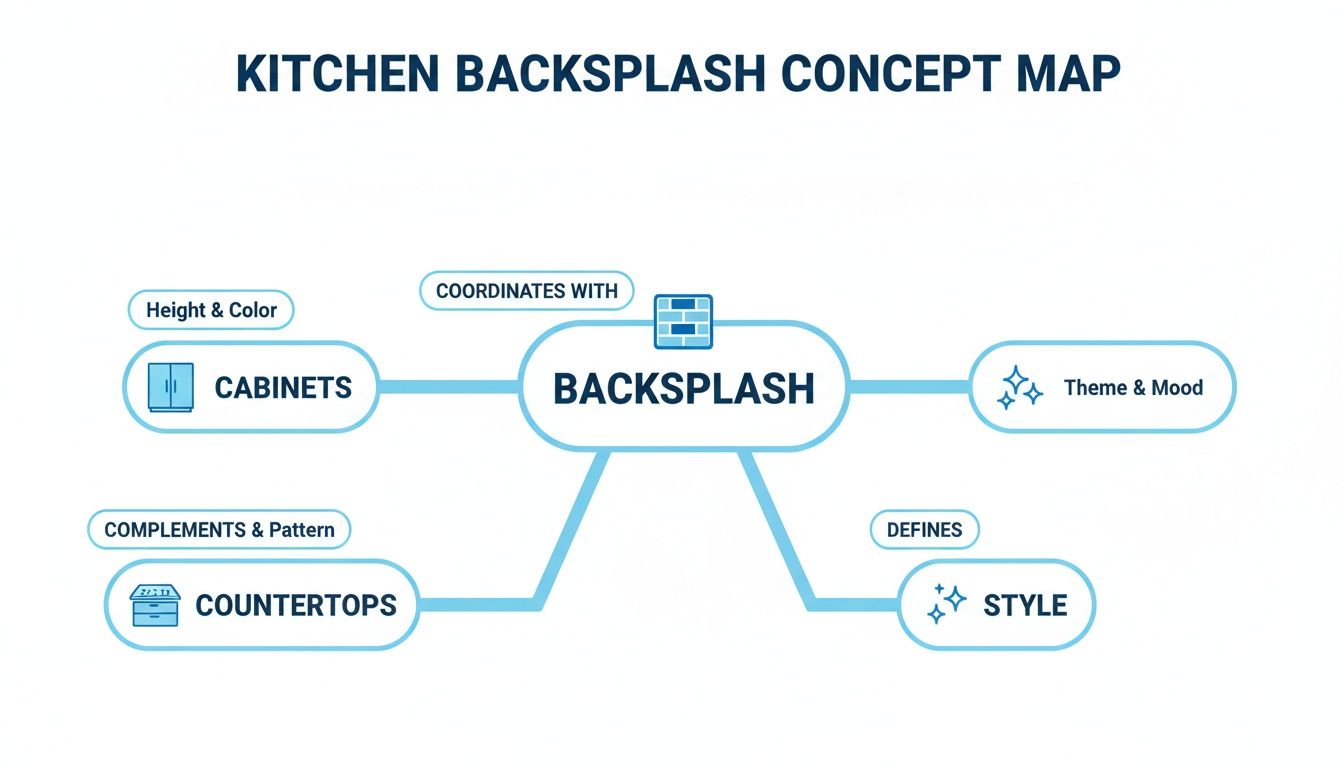 A concept map illustrating how kitchen backsplash coordinates with cabinets, countertops, theme, mood, and defines style.