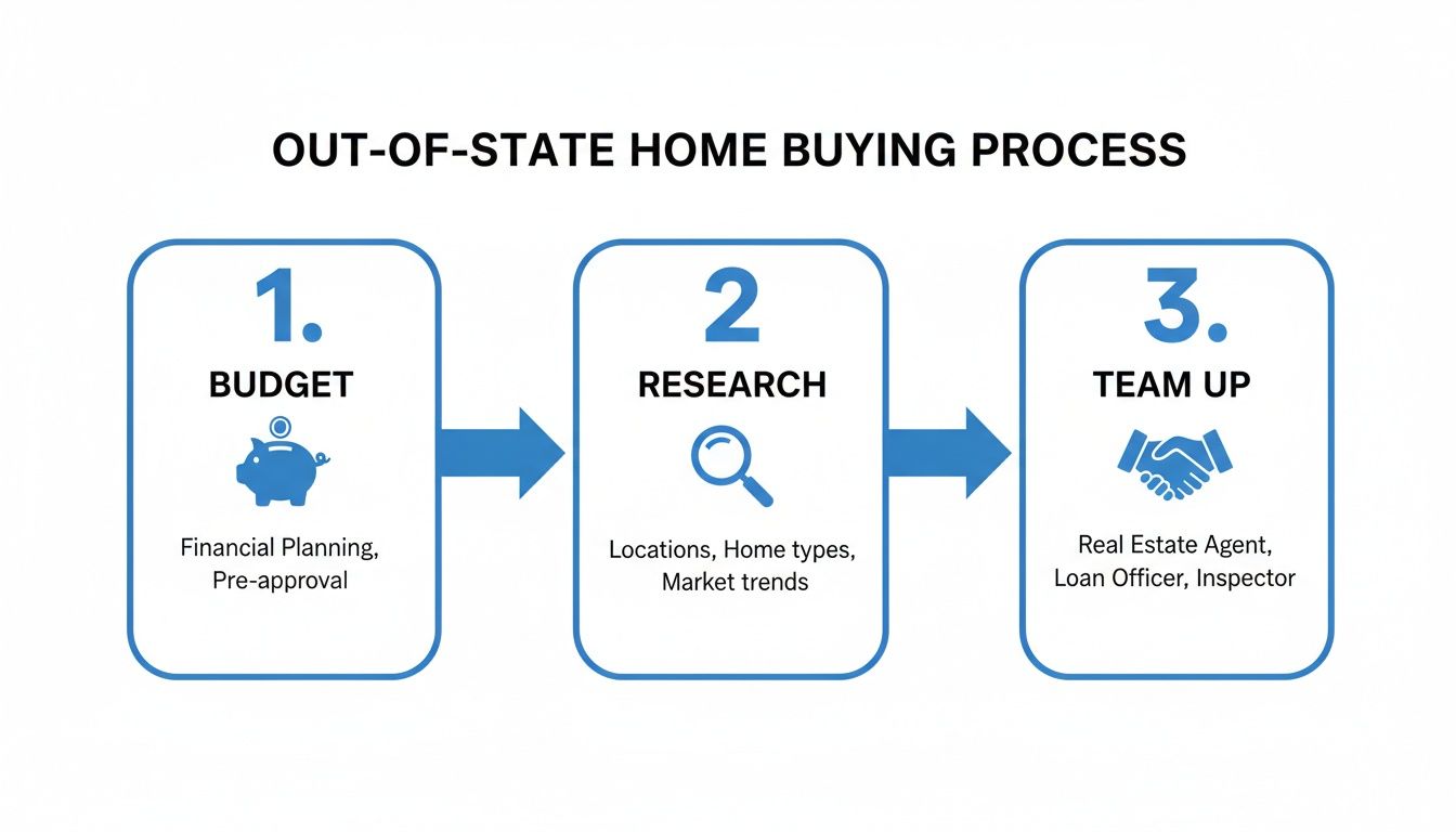Infographic outlining three steps for an out-of-state home buying process: Budget, Research, and Team Up.