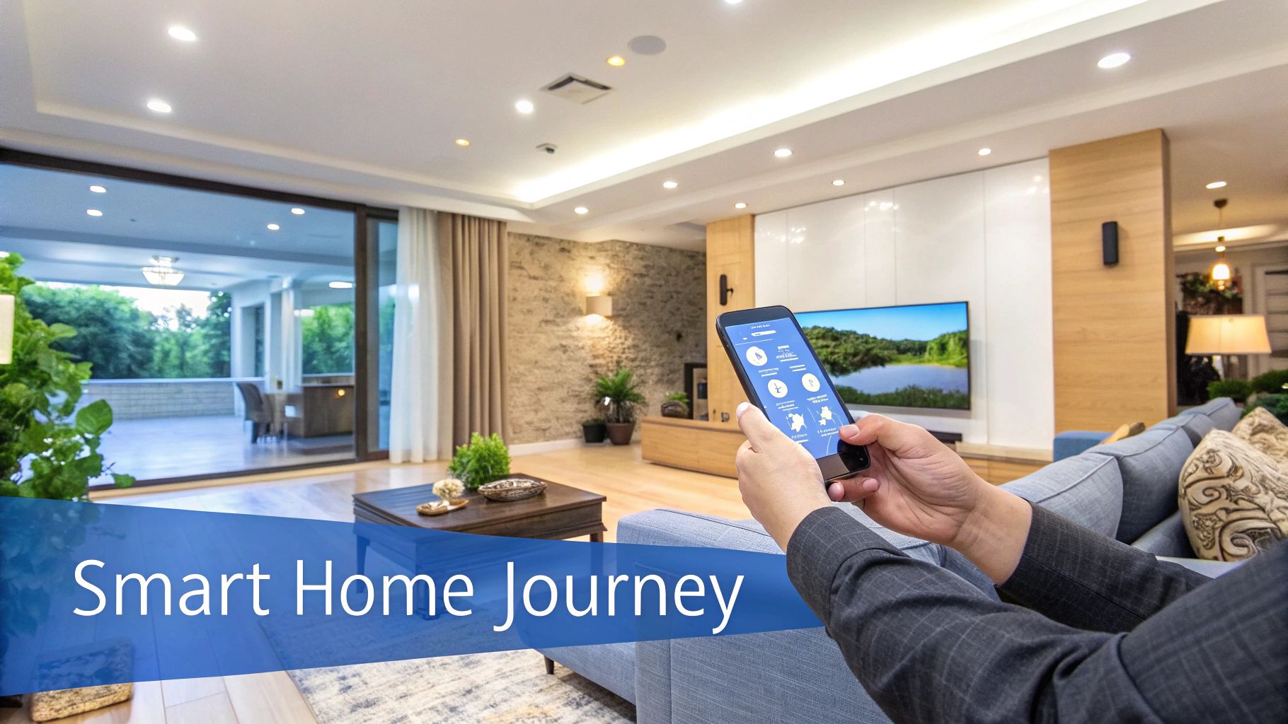 A person sitting on a grey couch holding a smart phone controlling smart home features in the home, sitting in a living room that is modern with light colored wood floors and a large sliding glass door. Words on the image that say smart home journey.