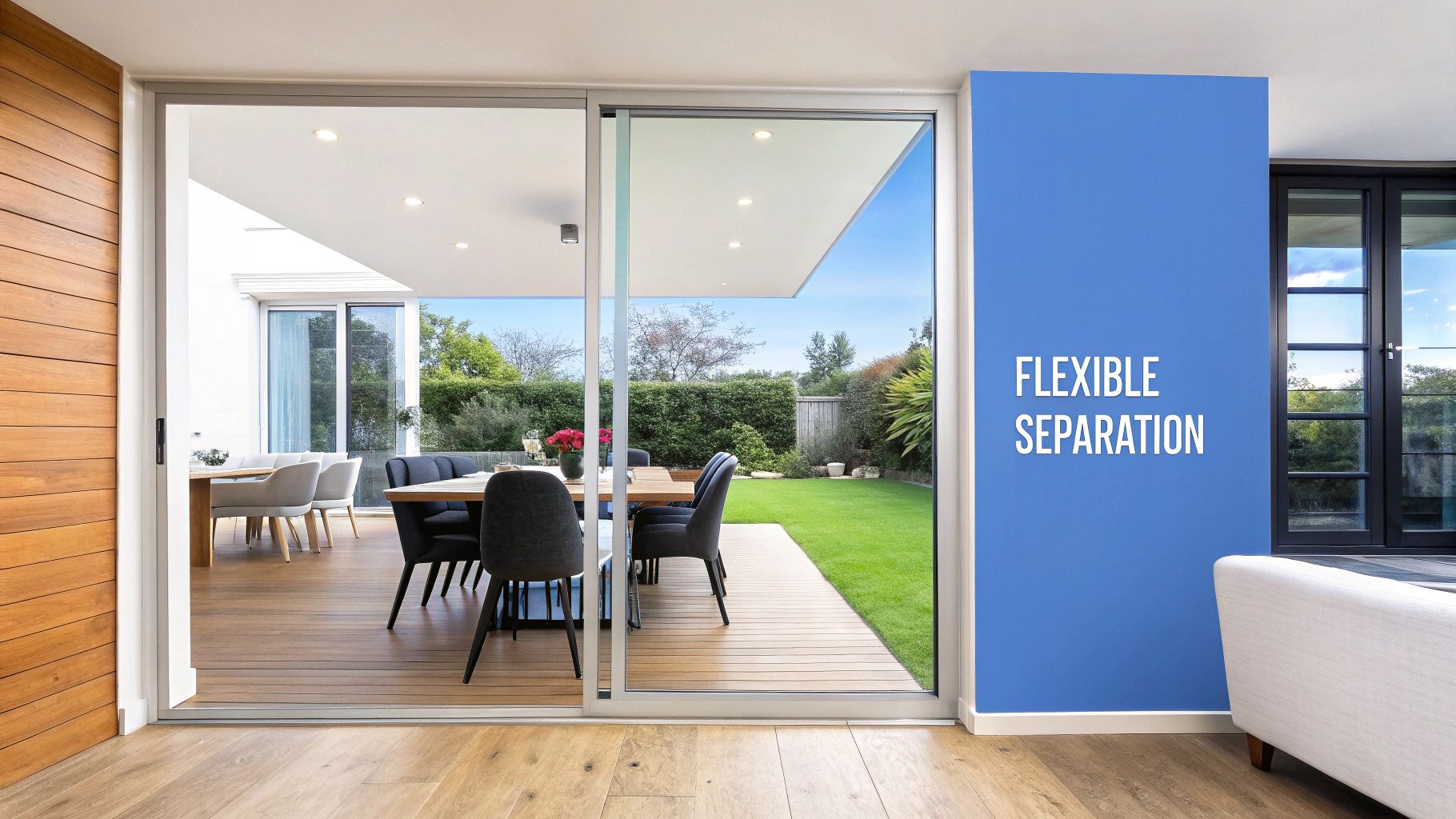 A picture showing a sliding glass door separating the indoor and outside living spaces of a modern home with an open floor plan with words on the image that say flexible separation.